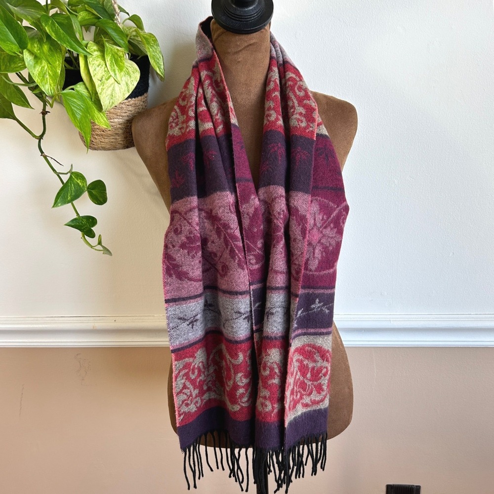 Burgundy Red Grey Damask Floral Jacquard Knit Fringe Scarf Boho Bohemian